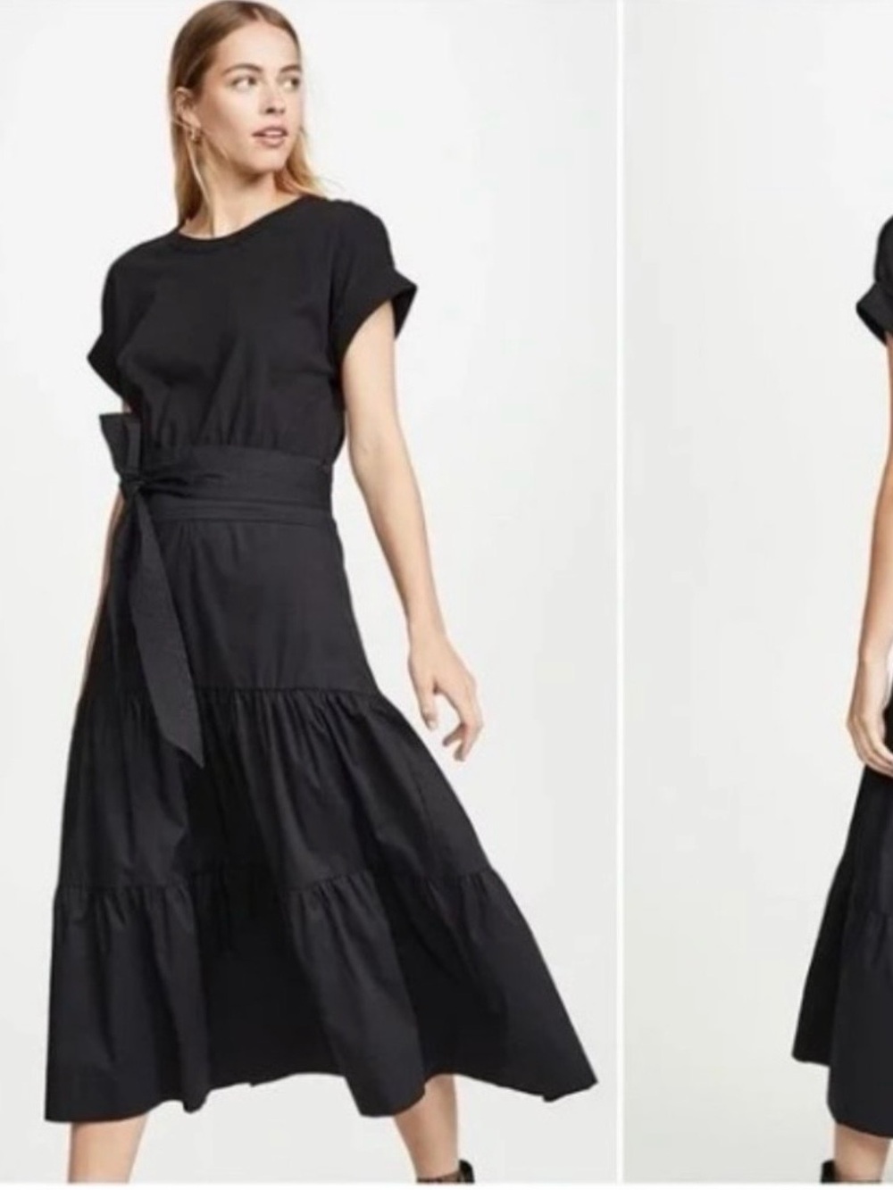 Black Tiered Midi Dress with Self-Tie Waist